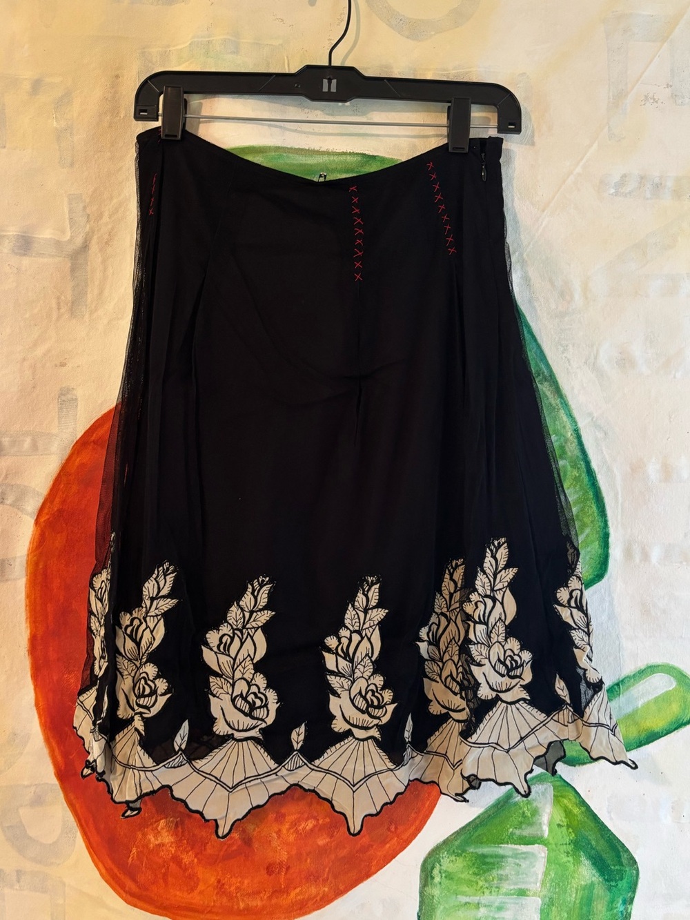 snak Black Flowy Skirt with Ivory Floral Hem Embroidery